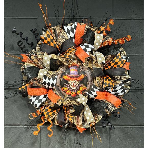 Halloween Wreath For Front Door Scary Clown  Orange and Black Handmade 28 in - Picture 1 of 8